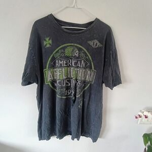 Affliction American Customs Graphic Tee Distressed Black Green 2XL